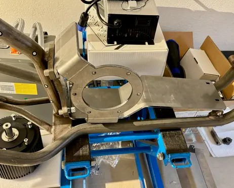 The machined motor plate bolted into the frame