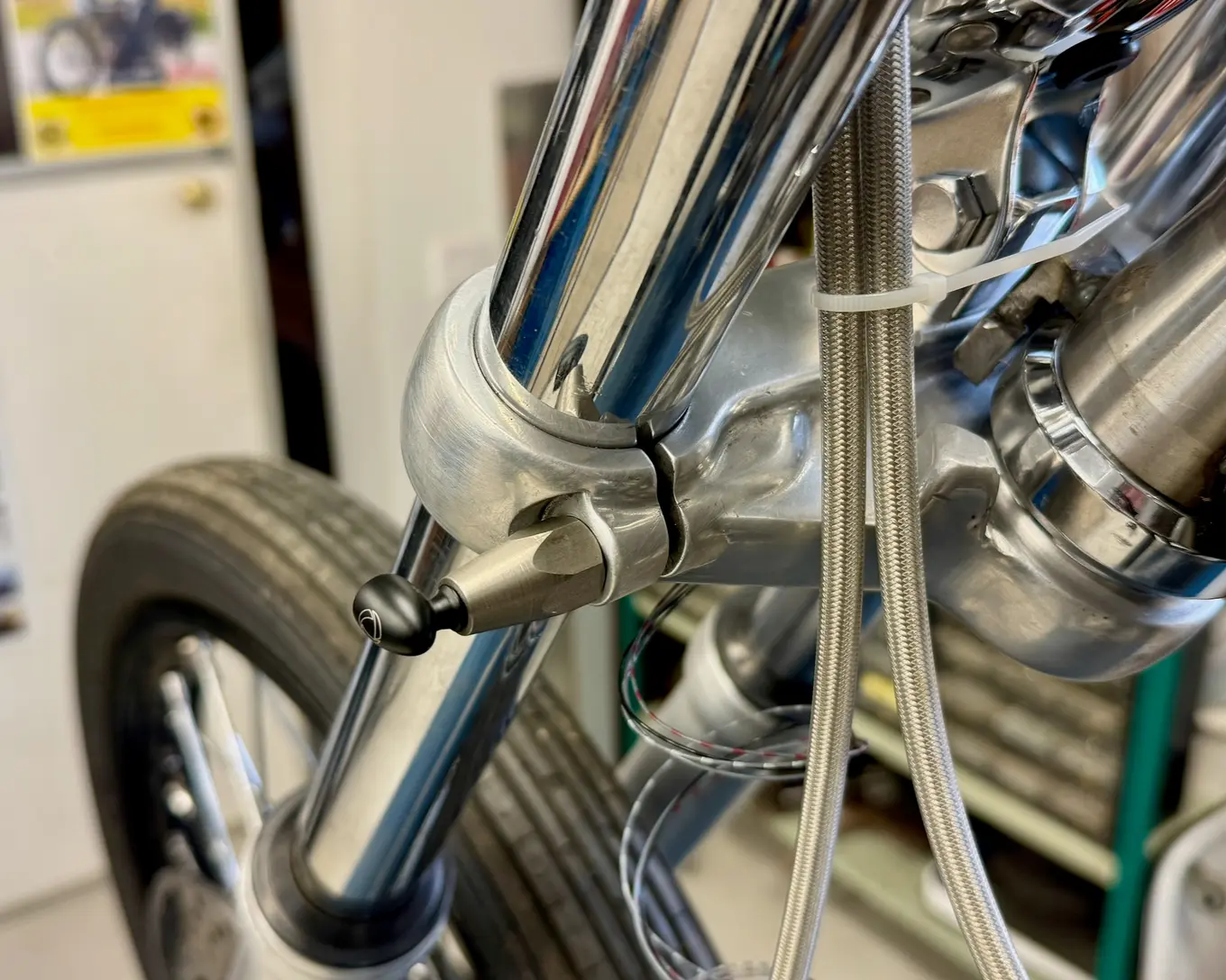 The front wheel and fork leg, seen from the side