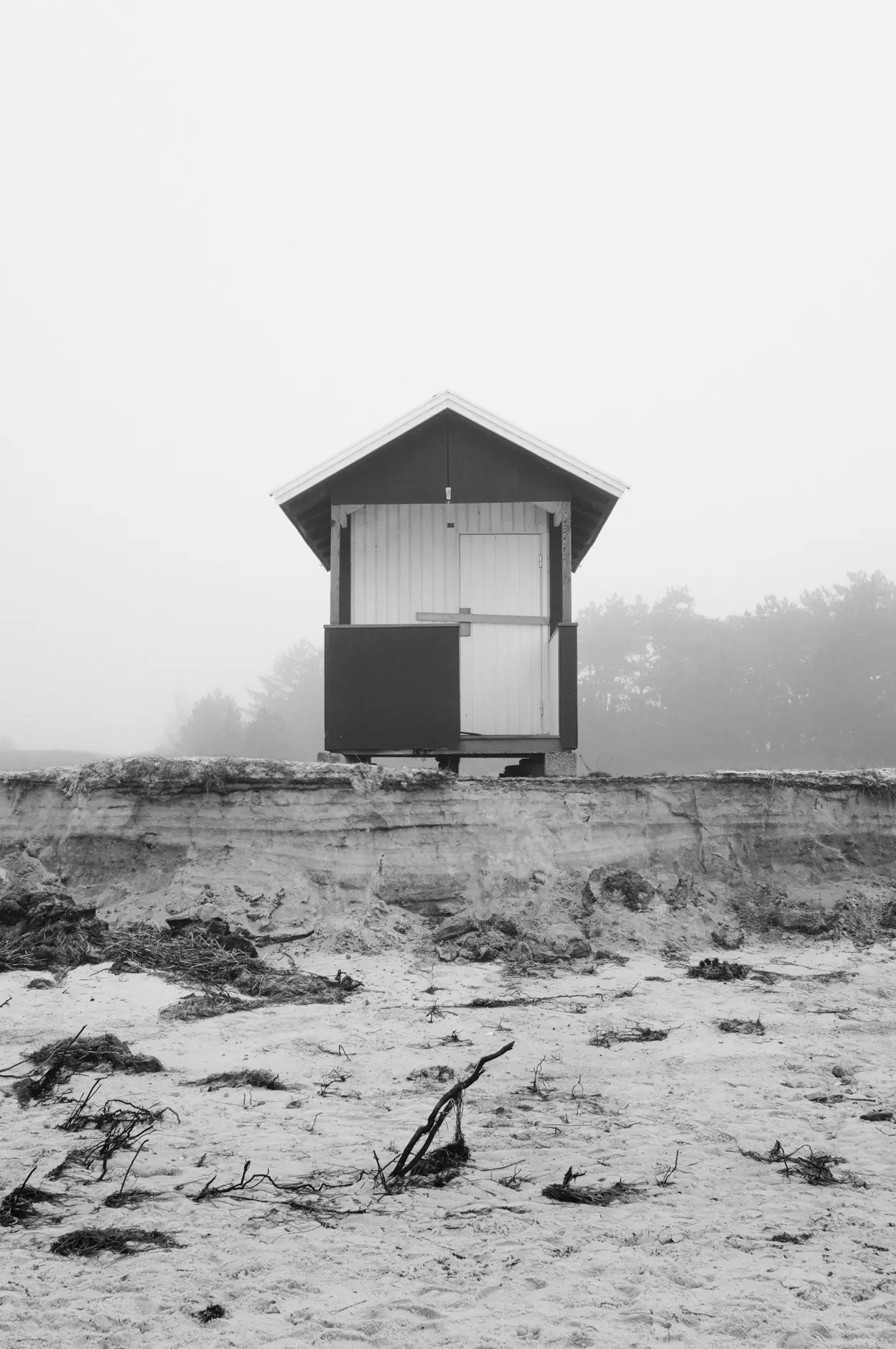 A dark hut behind a cut in the dune, driftwood in the foreground sand