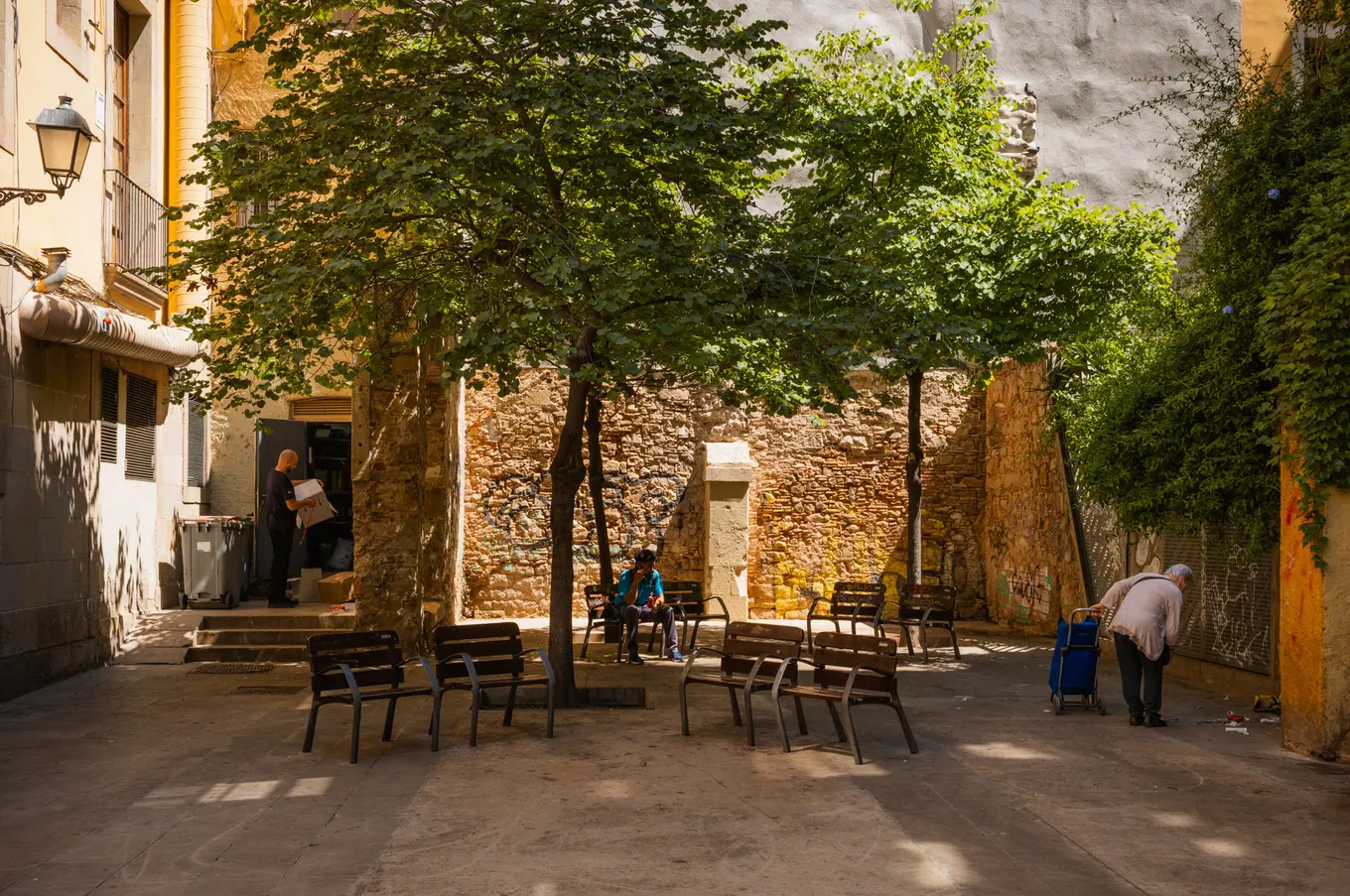 Empty metal chairs scattered under trees in a small square, an old stone wall along the back of it