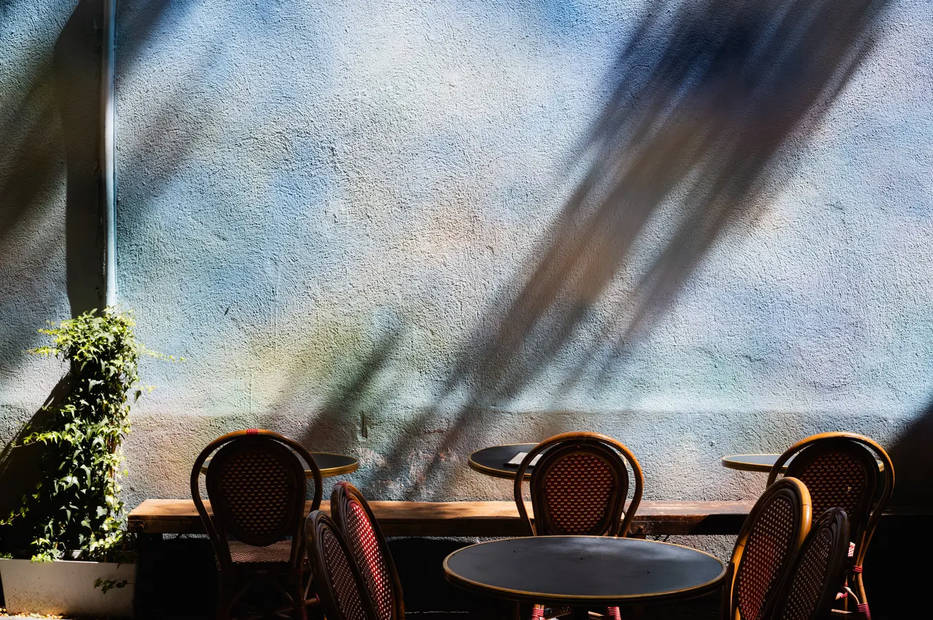 Bistro chairs and small round tables in shade under a pale blue wall, the shadows of leaves falling across it